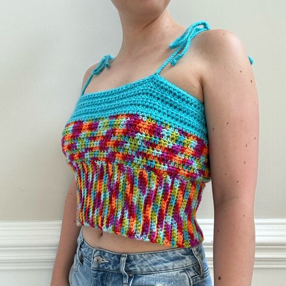 Handmade Crochet Adjustable Tie Strap Crop Top 100% Recycled Rainbow Tank Cami L - Picture 2 of 13